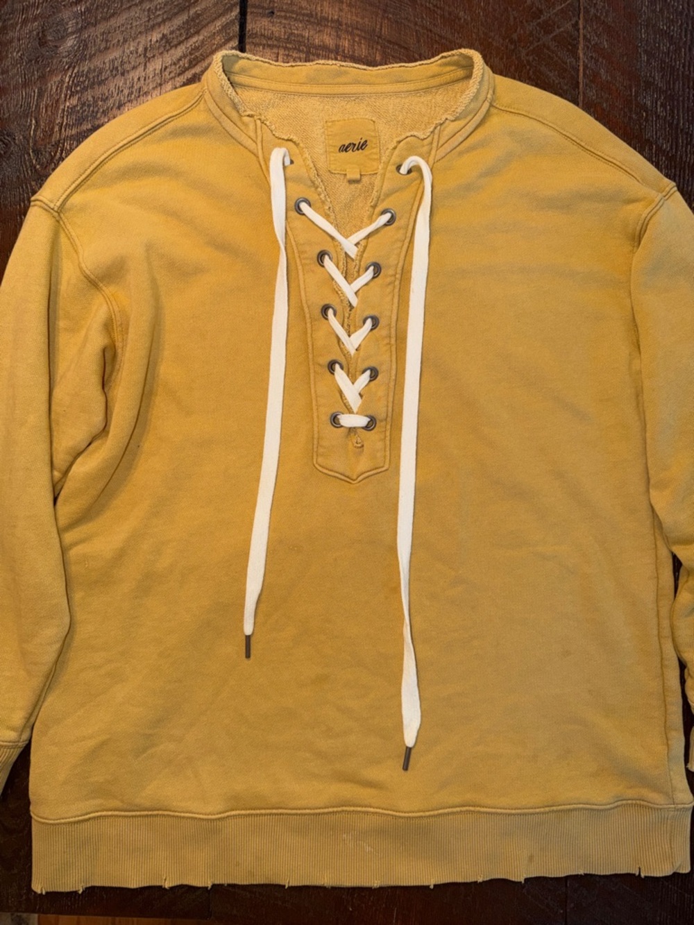 Aerie Lace Up Sweatshirt XS Mustard Yellow Cozy Boho Pullover Women’s